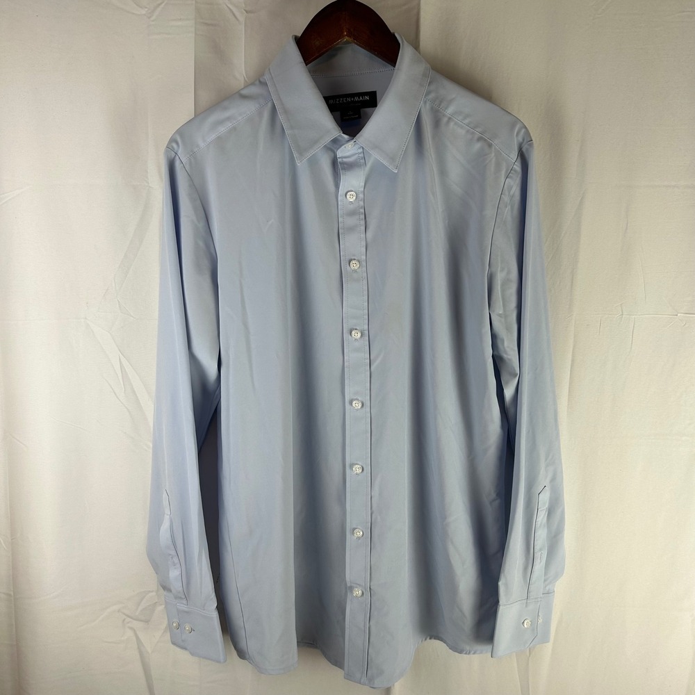 Mizzen+Main Mens Light Blue Performance Dress Shirt L Trim Wrinkle Free *Flaw